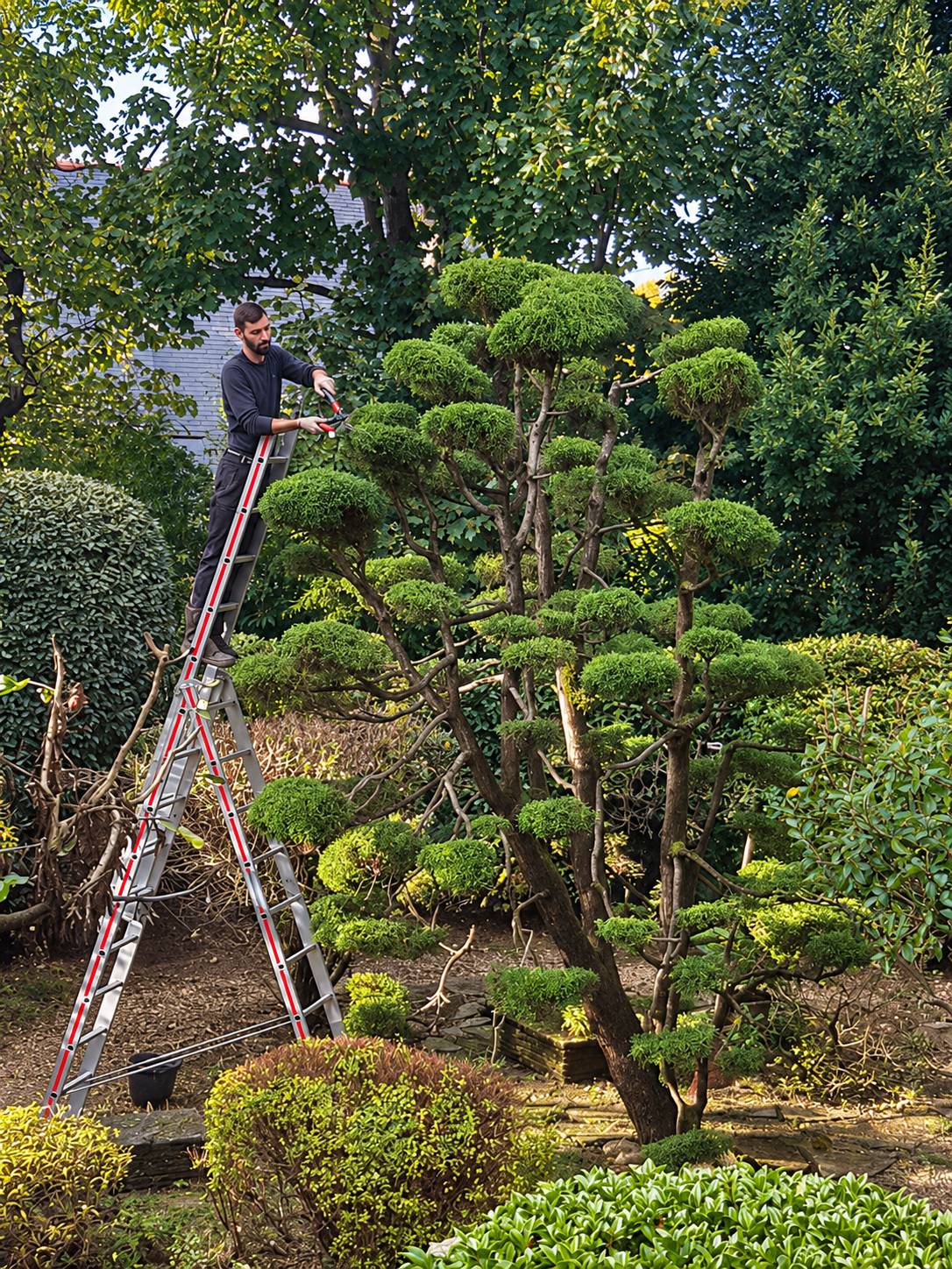 Taille en nuage d’un arbre de jardin par un jardinier d’AR’ Paysage